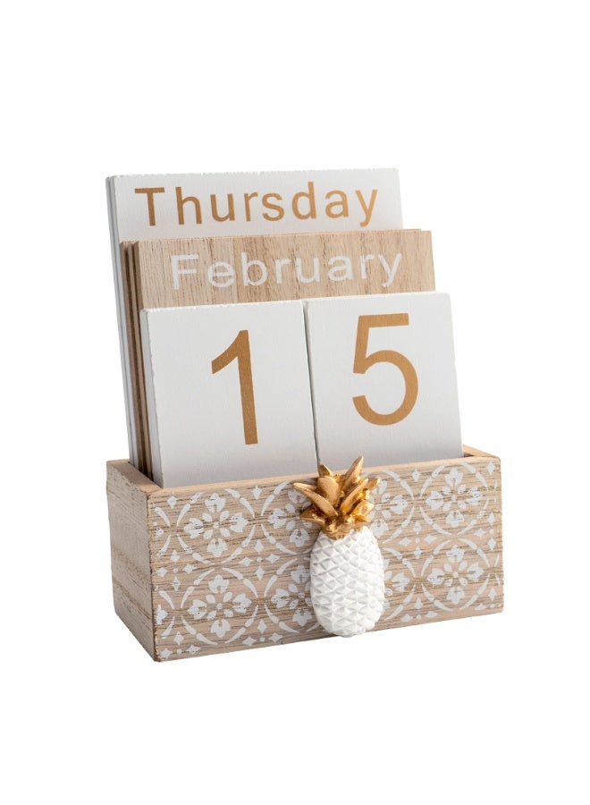 Vintage Wood Block Perpetual Calendar Month Week Date Display for Home Office Desk Rustic Decoration, Brown pineapple - Image 1